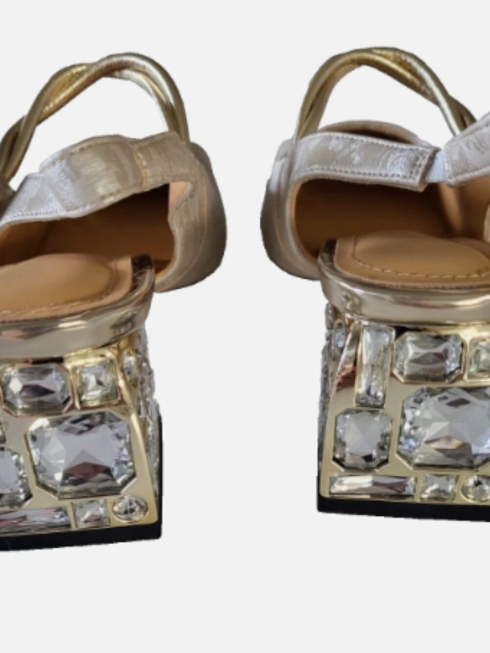 Women’s Ivory/Gold Floral Slingback Block Heels Square Toe Rhinestone US 7.5M - Picture 5 of 13